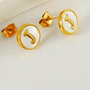 18K GP Pearl Letter 'J' Stud Earrings Initial Titanium Hypoallergenic Waterproof